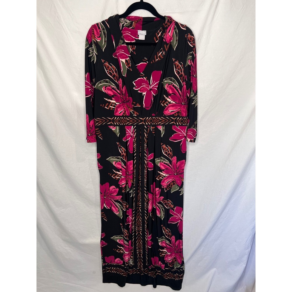 Chico's Maxi Dress Pleated Orchid Flower Print Sz 2 12/14 Resortwear Stretch EUC